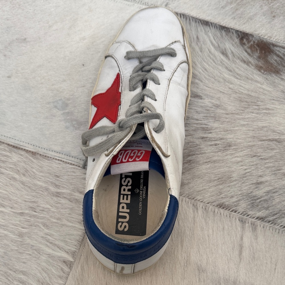 Golden Goose White Sneakers with Red Star and Blue Heel
